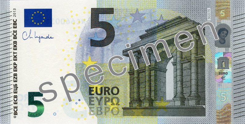 Официальный образец лицевой стороны банкноты €5 серии «Европа» с надписью SPECIMEN