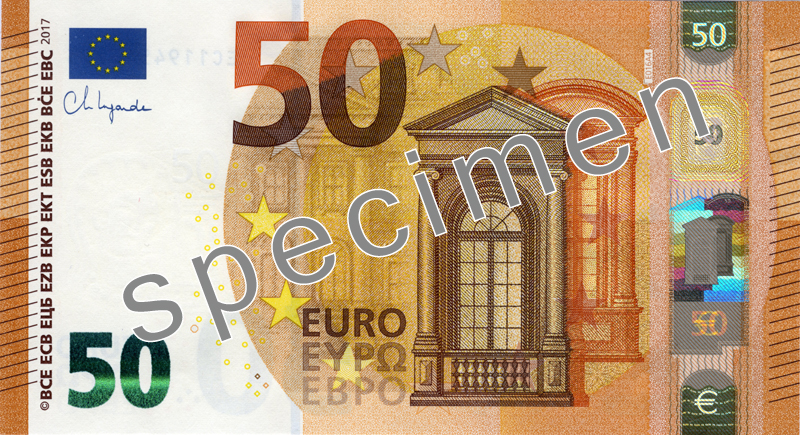 Расположение шести зон проверки на официальном образце €50 серии Европа